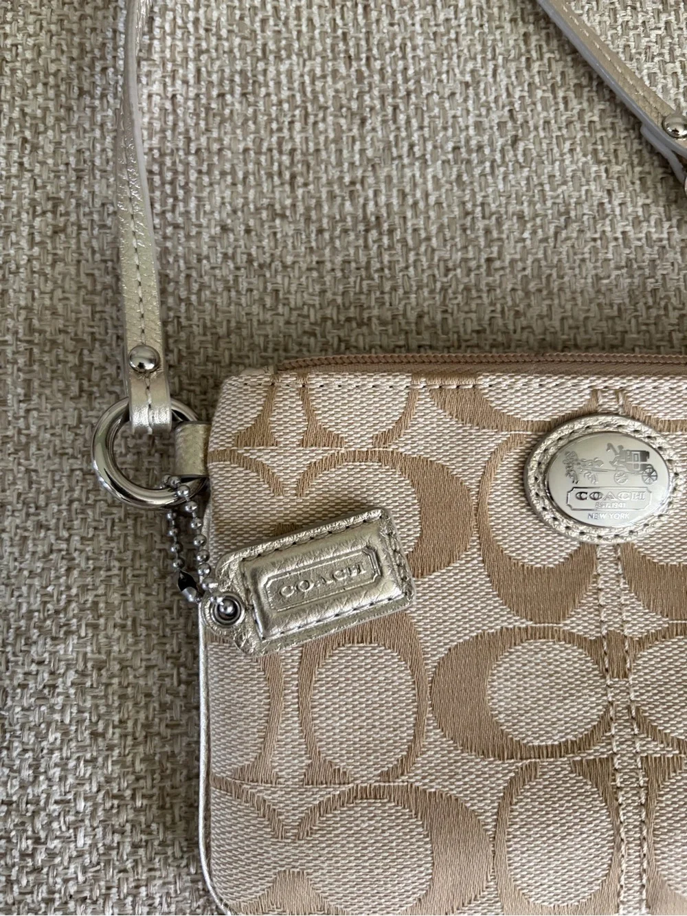Coach Beige Signature Canvas Wristlet with Silver Strap